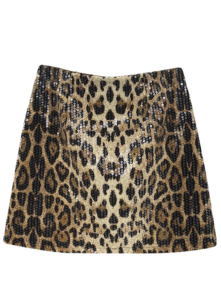 American Hot Girl Leopard Print Sequined Skirt For Women