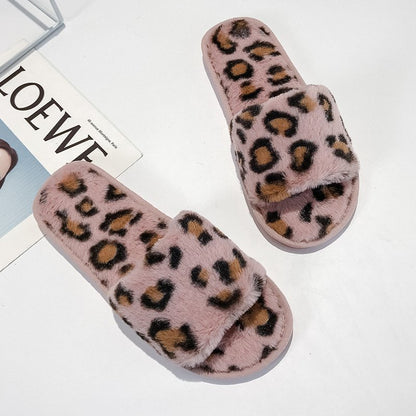 Leopard slippers female fur mop