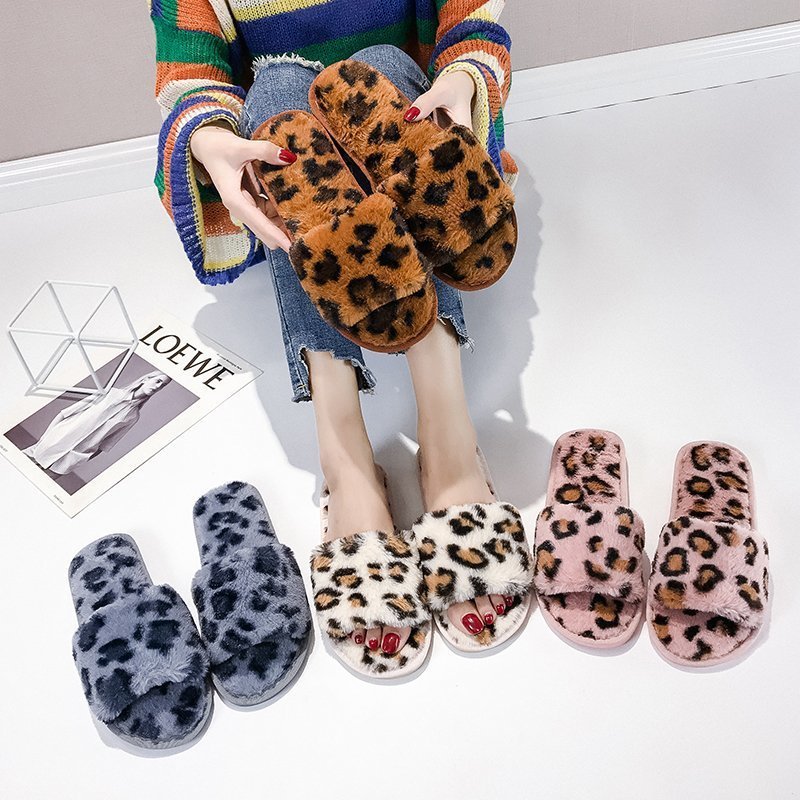 Leopard slippers female fur mop