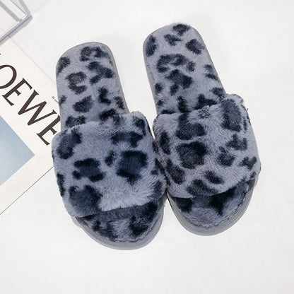 Leopard slippers female fur mop