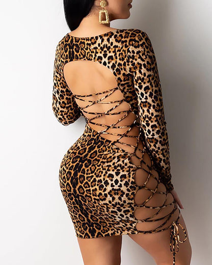 Leopard Print  Back Lace Bag Hip Short Dress