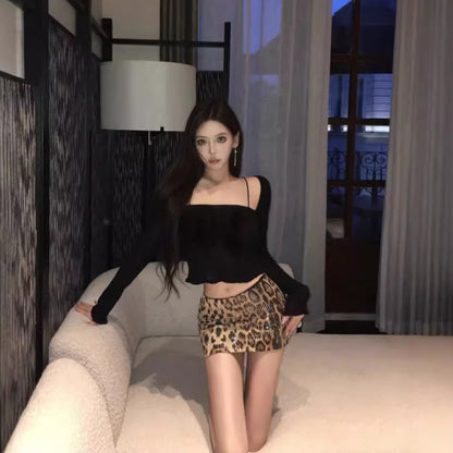 American Hot Girl Leopard Print Sequined Skirt For Women