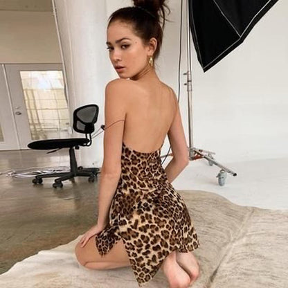 Side Double-slit Leopard Print Small Sling Dress Women