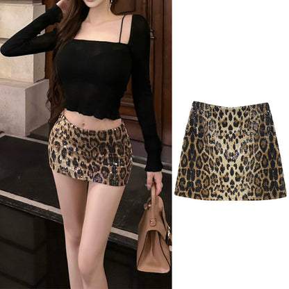 American Hot Girl Leopard Print Sequined Skirt For Women